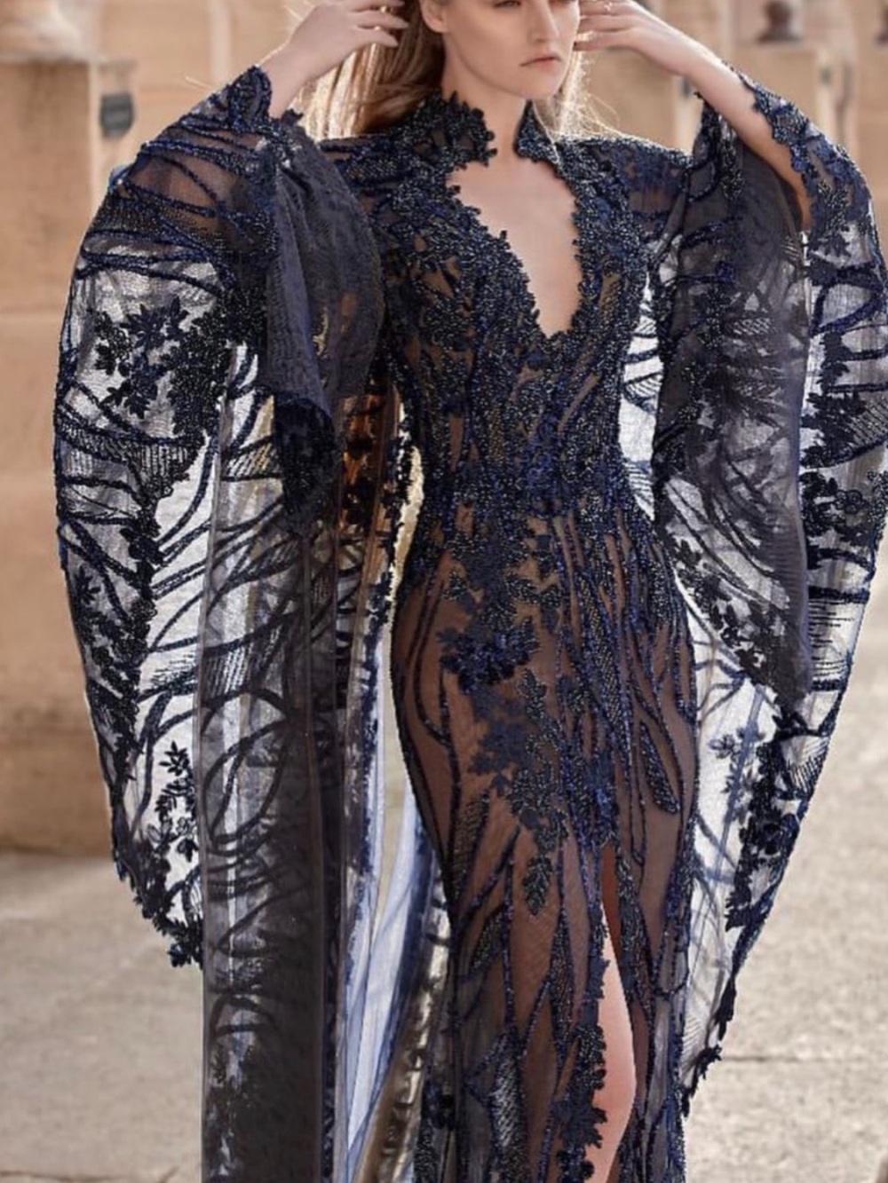 Navy Embellished Sheer Maxi Dress with Flowing Sleeves
